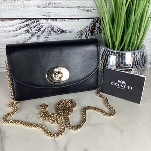 Coach #53277 Black Soft Leather Clutch Wallet with Gold Chain